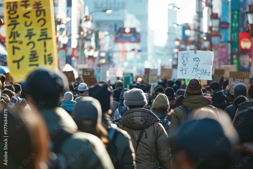 A large crowd of people are protesting with signs and hats, generative ai image A large crowd of people are protesting with signs and hats, generative ai image