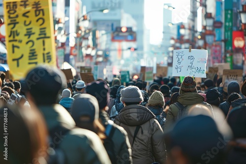 A large crowd of people are protesting with signs and hats, generative ai image