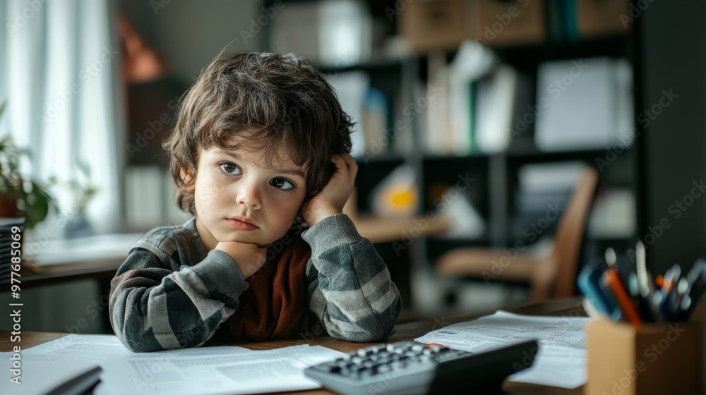 Child reviewing financial documents, calculator in hand, looking thoughtful in an office setting. Child reviewing financial documents, calculator in hand, looking thoughtful in an office setting.