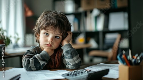 Child reviewing financial documents, calculator in hand, looking thoughtful in an office setting.