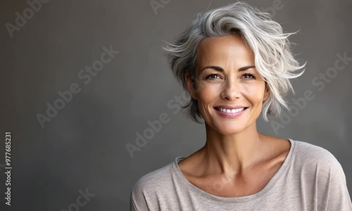 A beautiful middle-aged woman with gray hair and healthy skin is smiling in a good mood.