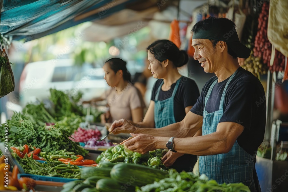 Two People Preparing Vegetables in a Market Stall Two People Preparing Vegetables in a Market Stall