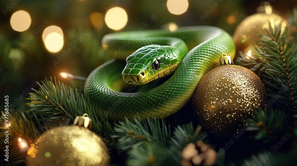 Fototapeta premium Green snake curled around Christmas decorations, creating a luxurious and festive holiday atmosphere.