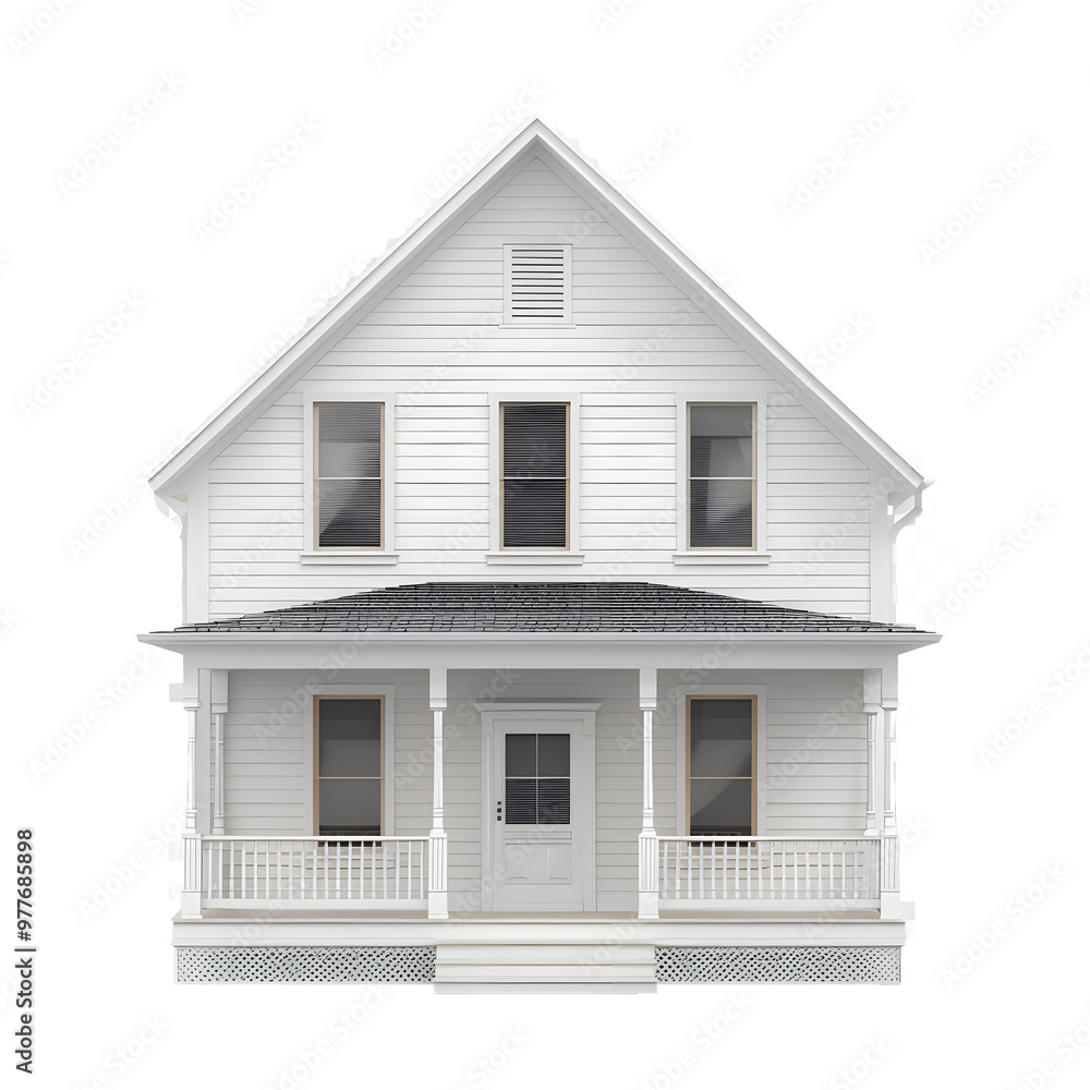 3D rendering of a white house with a porch, isolated on a transparent background, PNG 3D rendering of a white house with a porch, isolated on a transparent background, PNG