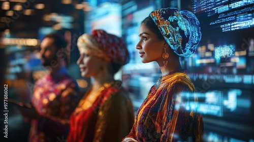 Cross-cultural negotiation scene, participants wearing cultural attire, holographic screens displaying international business terms photo