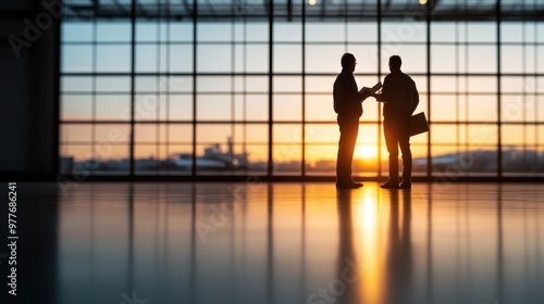Obraz na płótnie Silhouettes of two people having a conversation in an airport terminal at sunset, with the warm light filtering through the large window, creating a sense of anticipation. w salonie