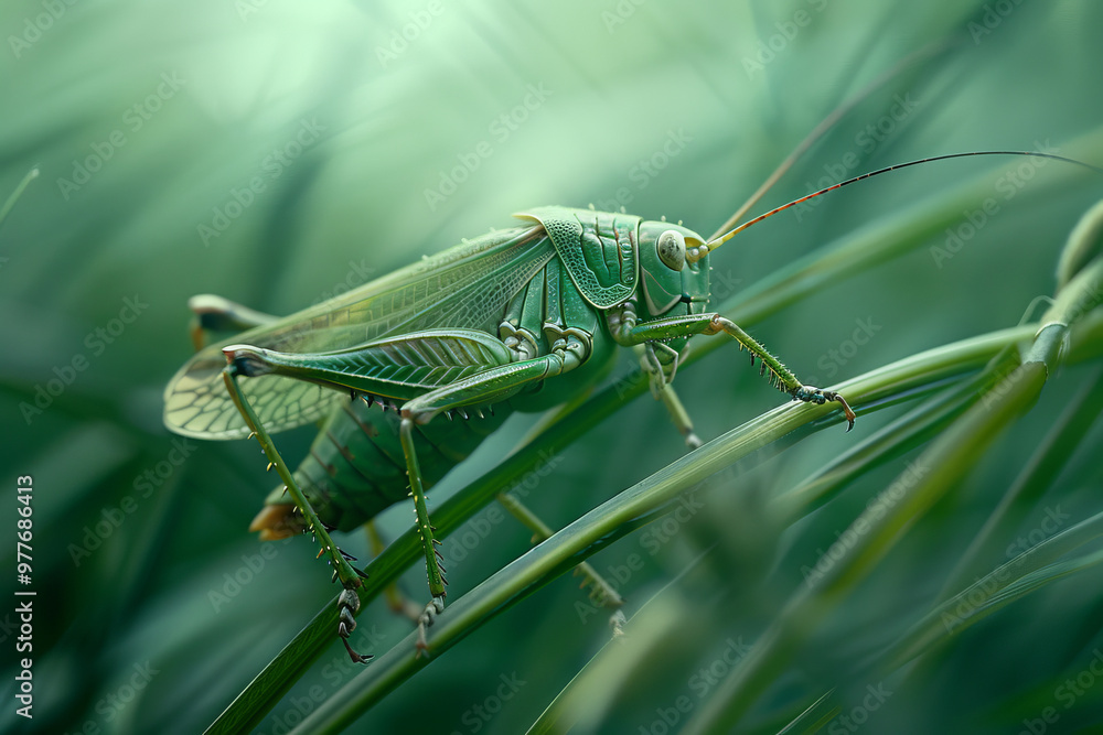 A green grasshopper is on a green leaf A green grasshopper is on a green leaf