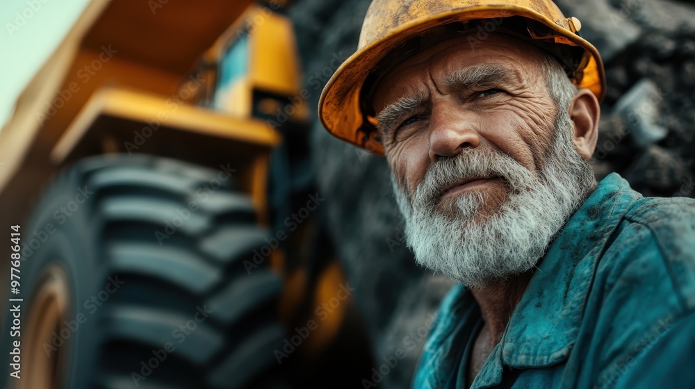 Fototapeta premium An experienced miner with a gray beard and rugged attire stands in front of a massive mining truck, embodying strength, wisdom, and a lifetime of hard work.
