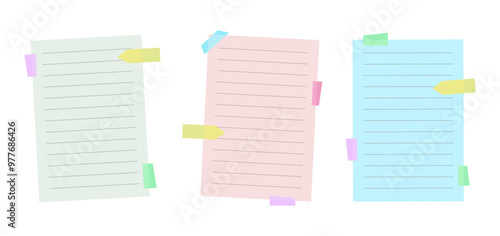 Three pastel colored blank lined notes in pink, blue, and green, taped using multicolored sticky tapes