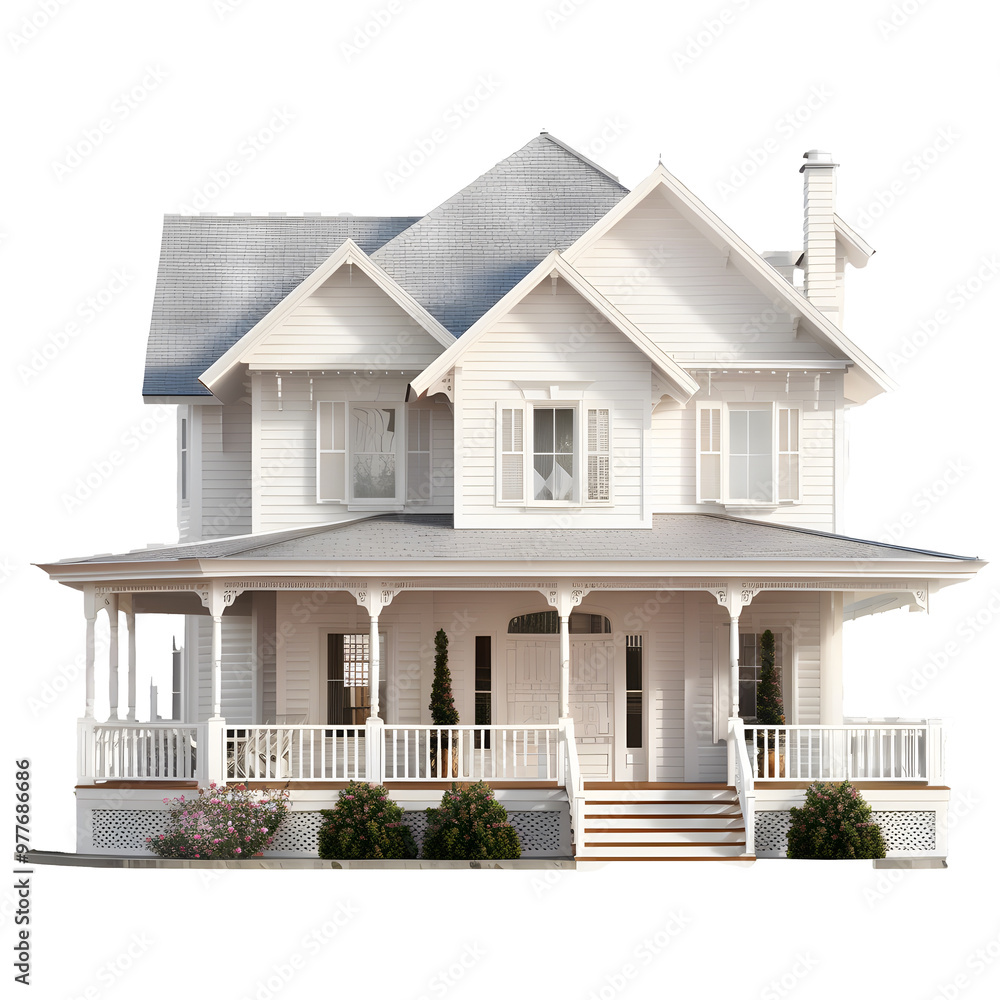 3D rendering of a white house with a porch, isolated on a transparent background, PNG