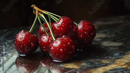 A close-up of fresh cherries with droplets, showcasing their vibrant color and natural shine on a reflective surface.