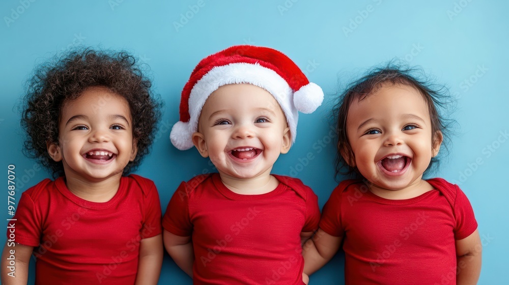 happy multiethnic babies weraing santa hat and red t-shirts smiling and laughing on a blue background with copy space, panoramic banner for christmas advertising or concept design, copy space happy multiethnic babies weraing santa hat and red t-shirts smiling and laughing on a blue background with copy space, panoramic banner for christmas advertising or concept design, copy space