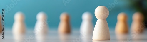 Close-up of wooden chess pieces in a row on a table. One piece stands apart, representing leadership, strategy, and individuality.