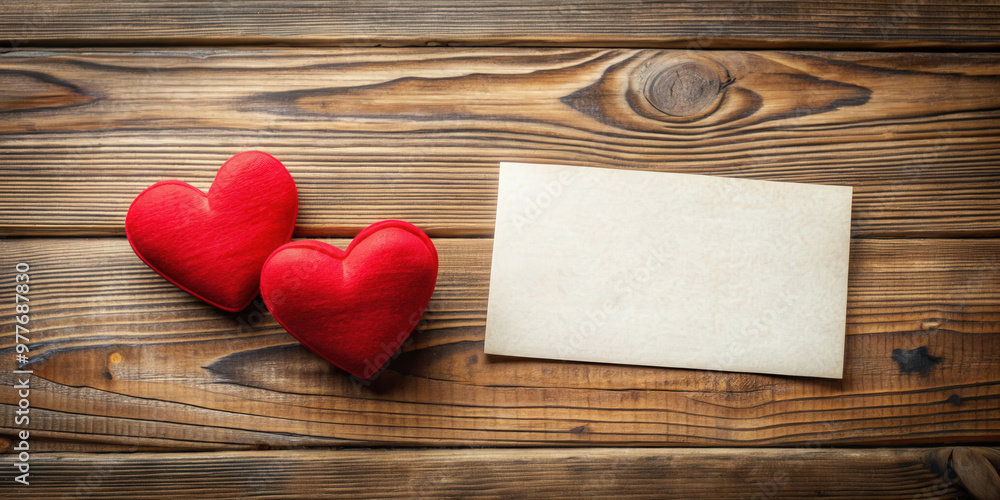 Valentine's card with two hearts on a wooden table Valentine's card with two hearts on a wooden table