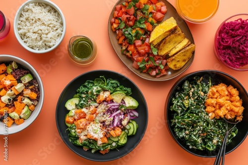 Wallpaper Mural A Table Setting of Plates with Various Salads and Other Food Items Torontodigital.ca
