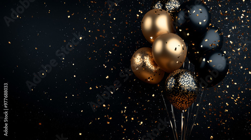 Elegant black and gold balloons with sparkling confetti on a dark background, perfect for luxury event planners, upscale party decorators, corporate celebrations, New Year-themed product promotions photo