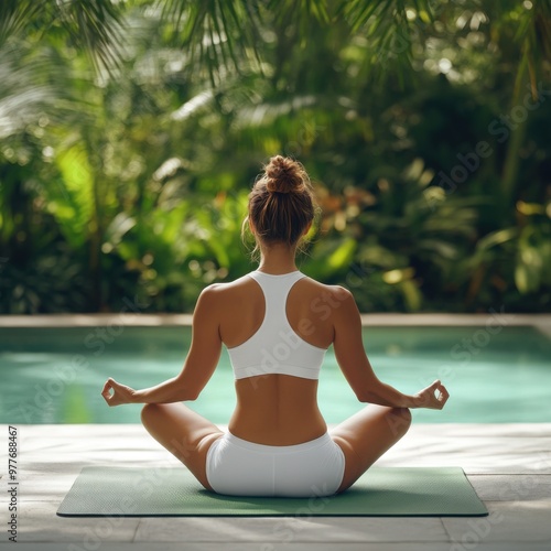 Wallpaper Mural Woman stretching on a yoga mat, serene outdoor garden, fitness routine, 3D illustration Torontodigital.ca