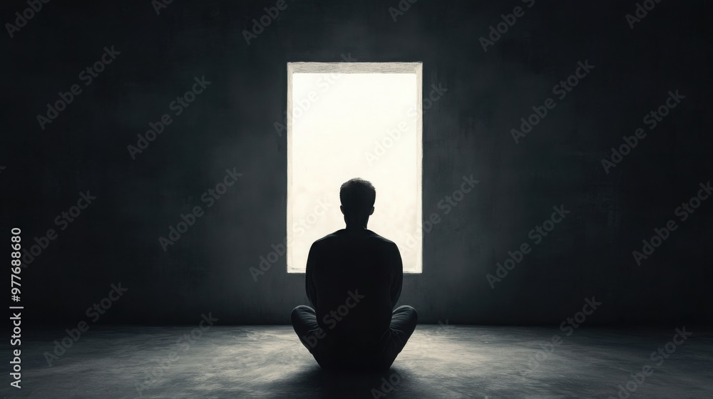 Silhouette of a person sitting alone in a dark room, light coming from a small window, [depression + sadness + awareness]