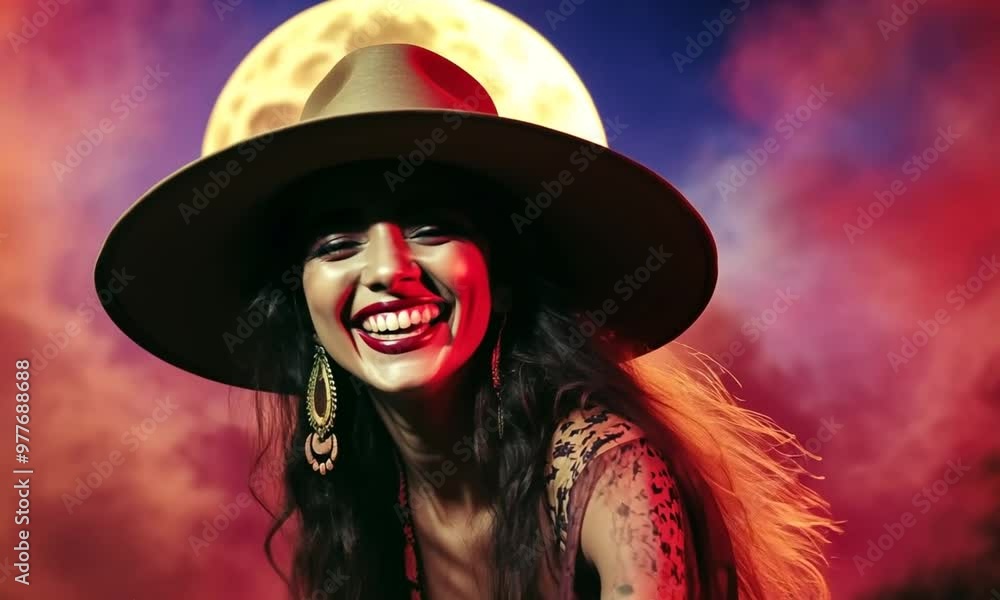 A beautiful witch, close-up, in a hat laughs against the background of a full moon, and flies on a broomstick in light smoke. Halloween. A beautiful witch, close-up, in a hat laughs against the background of a full moon, and flies on a broomstick in light smoke. Halloween.