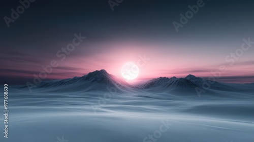 The image captures a tranquil mountain range during sunrise, with a soft pink glow illuminating the serene, snow-covered landscape under a calm sky.