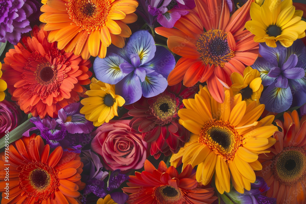 A colorful bouquet of flowers with a variety of colors including orange, purple A colorful bouquet of flowers with a variety of colors including orange, purple