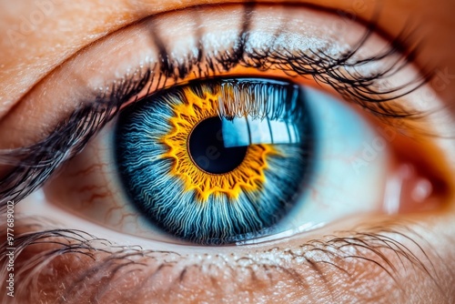 Blue and yellow eye with intricate iris details and warm lighting symbolizing the fusion of human vision and technological enhancement