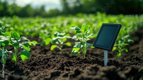 A close-up of a young plant with a solar panel sensor in a field, illustrating modern agricultural technology and sustainability.