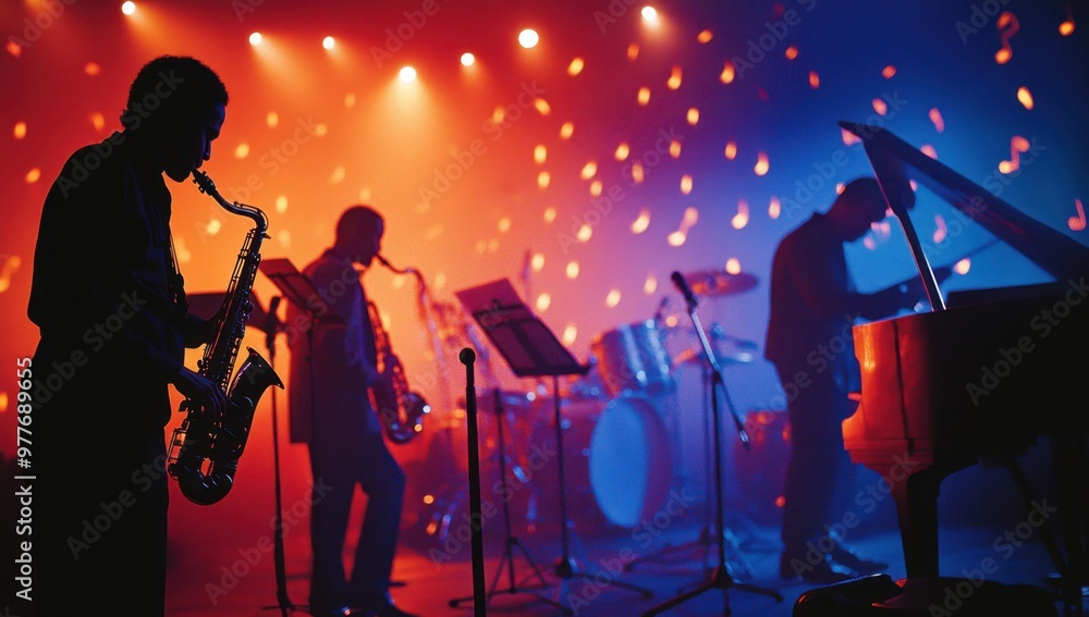 Fototapeta premium A jazz band playing on stage, with musical notes in the background The silhouettes of men and women with a saxophone, piano player, drum set, and bassist are visible Generative AI