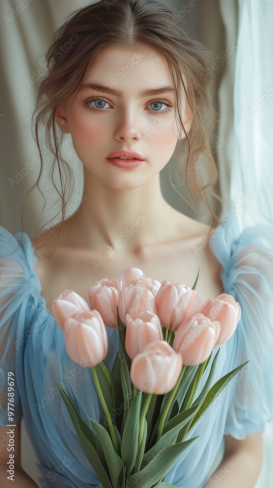 A lovely, sensitive girl with a breezy blue frock in her hands is holding a bouquet of pink tulips. A lovely, sensitive girl with a breezy blue frock in her hands is holding a bouquet of pink tulips.