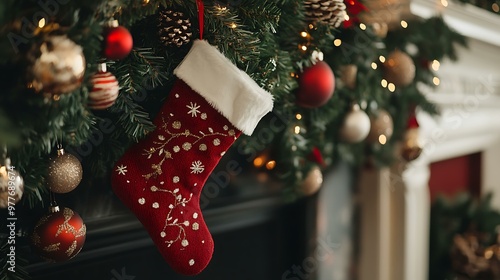 A close-up of a Christmas stocking hanging on a fireplace mantel decorated with garlands and ornaments