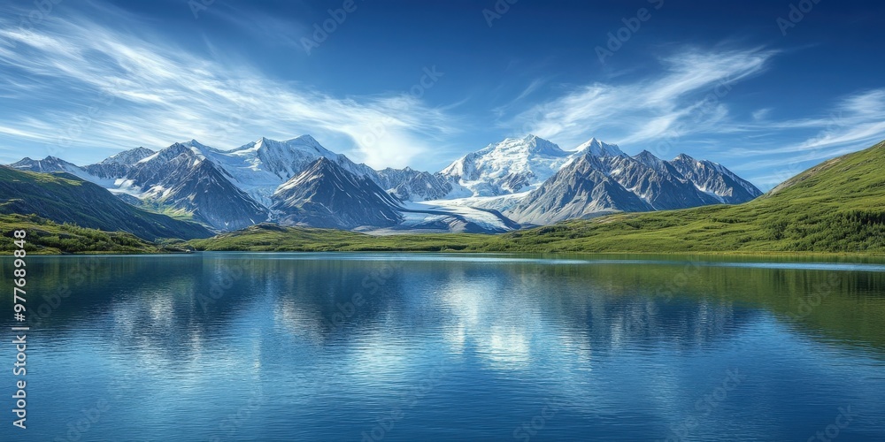 Naklejka premium Panoramic View of Snow-Capped Alaskan Mountains and Reflecting Blue Lake