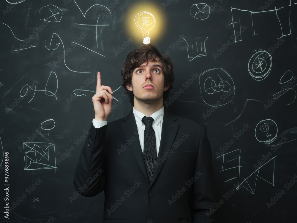 Businessman balancing a glowing idea on his finger, surrounded by abstract designs, idea balance, creative business juggling Businessman balancing a glowing idea on his finger, surrounded by abstract designs, idea balance, creative business juggling