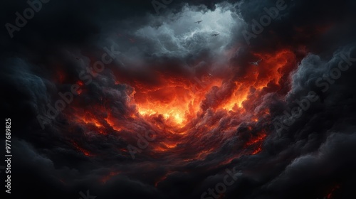 An intense and dramatic sunset where the sky appears to be on fire, with dark, ominous clouds swirling around a brilliant, fiery red center, creating a surreal atmosphere.