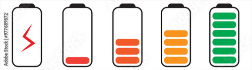 Set of vertical battery level indicators in percentage vector. Battery indicator symbols. 0-100 percent. eps10