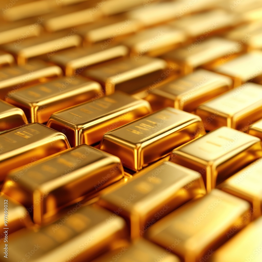 A close-up view of stacked gold bars symbolizing wealth, prosperity, and luxury in a polished and gleaming presentation. A close-up view of stacked gold bars symbolizing wealth, prosperity, and luxury in a polished and gleaming presentation.