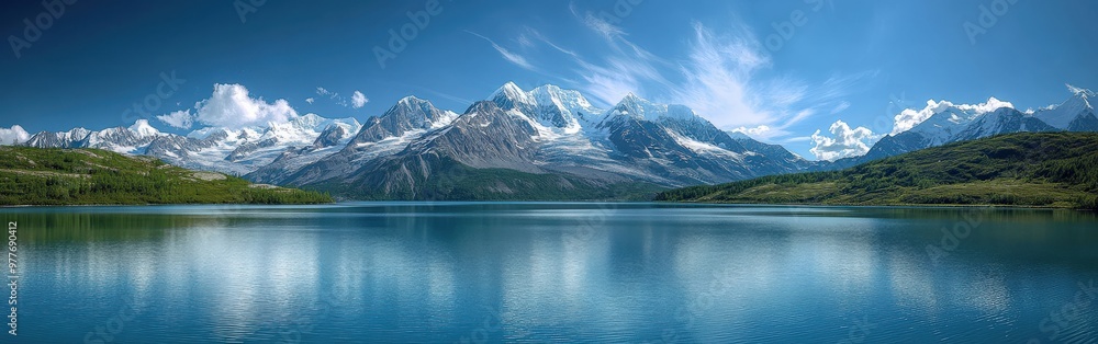 Panoramic View of Snow-Capped Alaskan Mountains and Reflecting Blue Lake