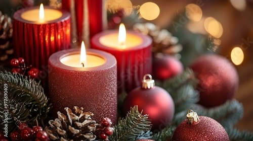 Wallpaper Mural A close-up of festive holiday candles and ornaments arranged on a table as part of Christmas decor Torontodigital.ca