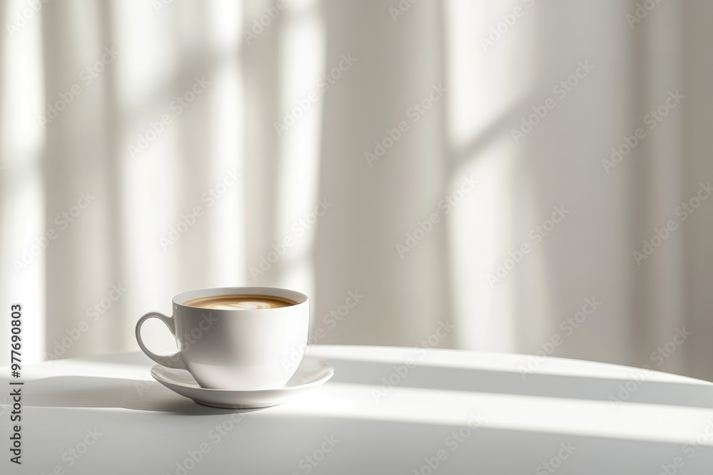 A cozy cup of coffee sits on a table, casting soft shadows against a bright, serene backdrop of light curtains. A cozy cup of coffee sits on a table, casting soft shadows against a bright, serene backdrop of light curtains.
