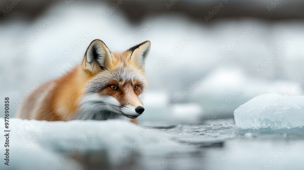 Fototapeta premium A close-up shot of a red fox standing in icy water, surrounded by chunks of snow and ice, depicting the resilience and beauty of wildlife in frigid environments.