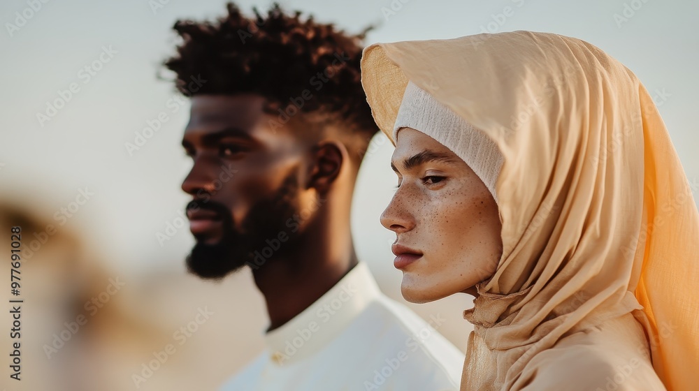 A man and woman gaze thoughtfully into the distance, dressed in traditional attire, capturing a blend of cultures, diversity, and deep contemplation.