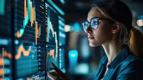 Financial analysts reviewing business finance reports on a digital screen, focused and intense