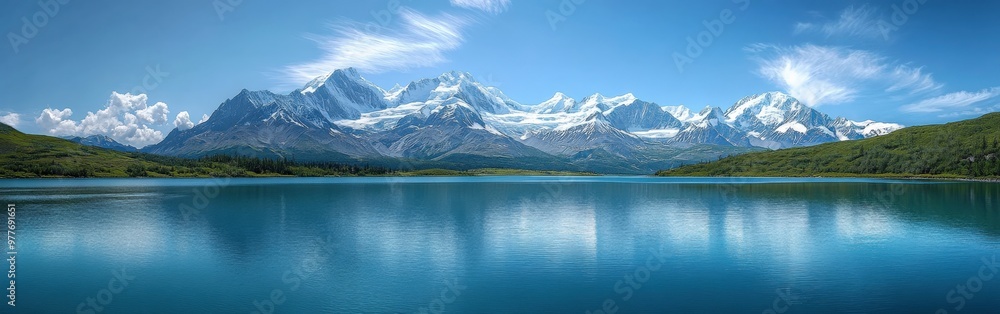 Panoramic View of Snow-Capped Alaskan Mountains and Reflecting Blue Lake Panoramic View of Snow-Capped Alaskan Mountains and Reflecting Blue Lake