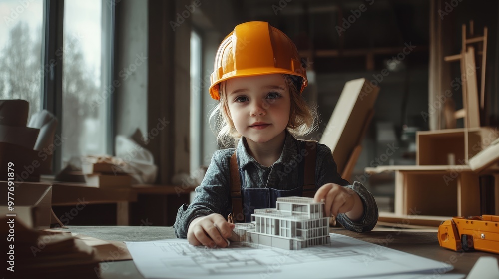 Child wearing an architect helmet, holding a model building, with blueprints on the table. Child wearing an architect helmet, holding a model building, with blueprints on the table.