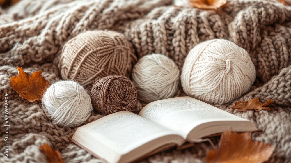 Cozy autumn scene with woolen yarns and an open book on a knitted blanket, surrounded by fallen leaves, perfect for crafting and reading by the fire. Cozy autumn scene with woolen yarns and an open book on a knitted blanket, surrounded by fallen leaves, perfect for crafting and reading by the fire.