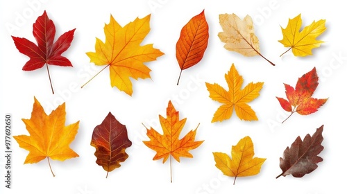 A group of different colored leaves on a white background.