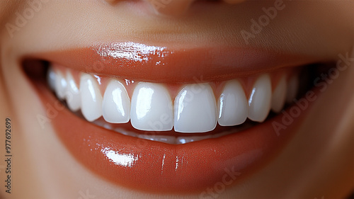 Woman mouth smiling. Her teeth are white and healthy, and she has a gentle smile on her face face white background. Whitening,health hygiene dental concept