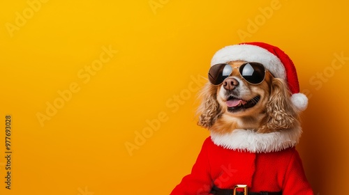 A stylish dog in a Santa suit and aviator sunglasses, sitting against a gradient of bright yellow fading into orange, giving off a warm holiday vibe photo