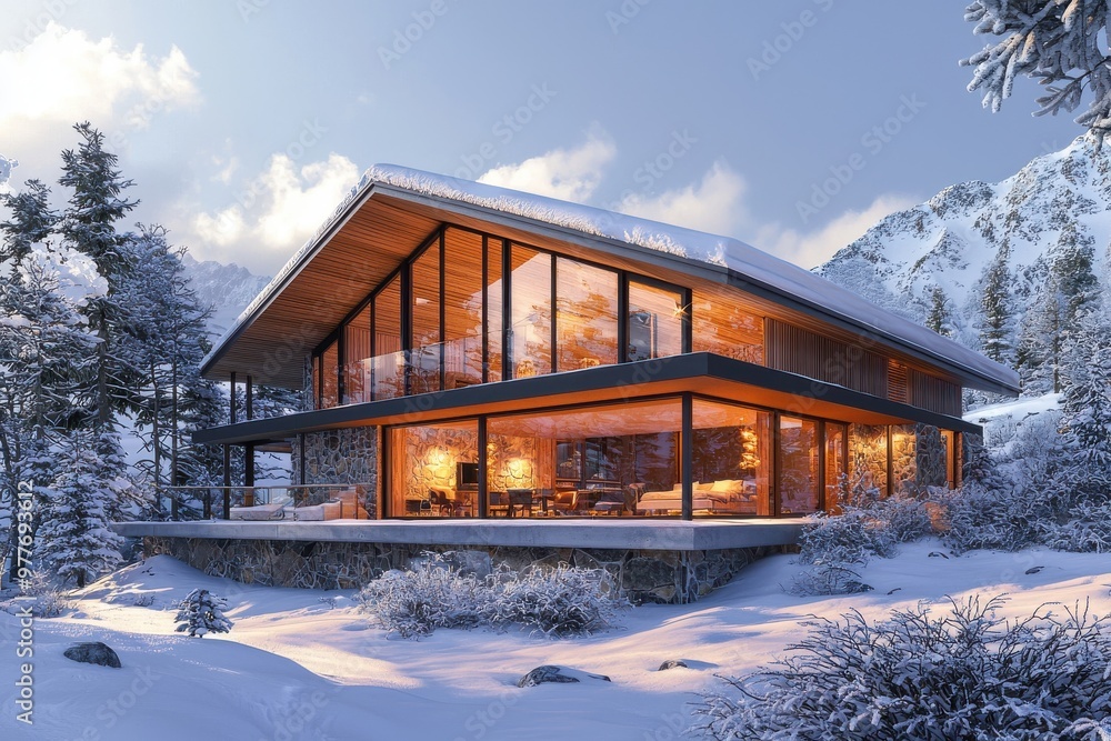 Fototapeta premium Modern ski chalet with panoramic glass windows and warm interior lighting in a snowy mountain landscape, Ai Generation