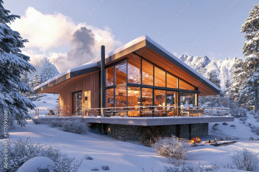 Modern ski chalet with panoramic glass windows and warm interior lighting in a snowy mountain landscape, Ai Generation Modern ski chalet with panoramic glass windows and warm interior lighting in a snowy mountain landscape, Ai Generation