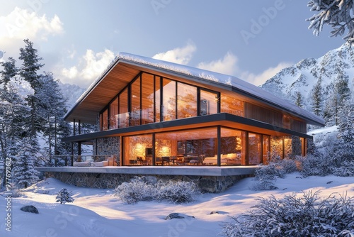 Modern ski chalet with panoramic glass windows and warm interior lighting in a snowy mountain landscape, Ai Generation